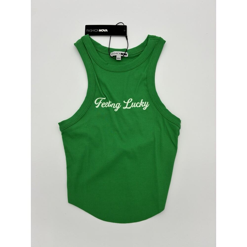Fashion Nova Green Ribbed Tank Top Feeling Lucky Text Accent Size XS